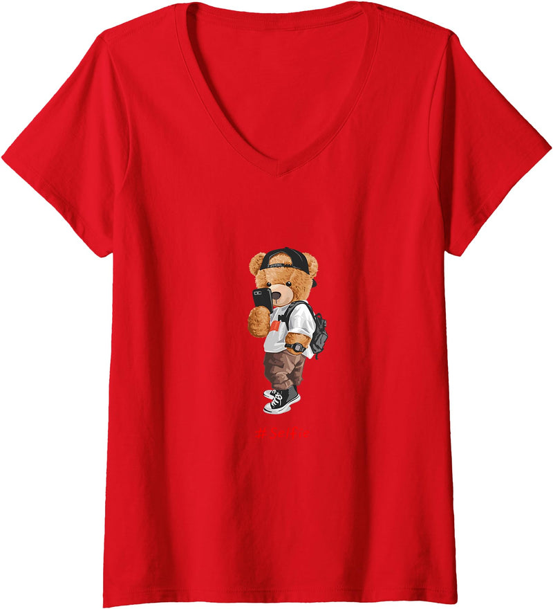 Bahaa's Tee Womens Men's Women's Kids Teddy Bear Graphic Cool Designs Funny V-Neck T-Shirt - Red