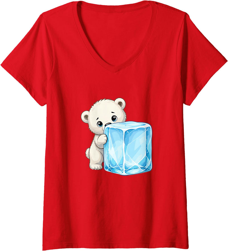 Cute Polar Bear Ice Cube Cartoon Arctic Women's Kawaii Baby Polar Bear Hugging Big Ice Cube V-Neck T-Shirt - Red