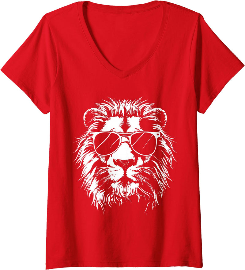 Älion. Womens Lion Sunglasses Graphic V-Neck T-Shirt - Red