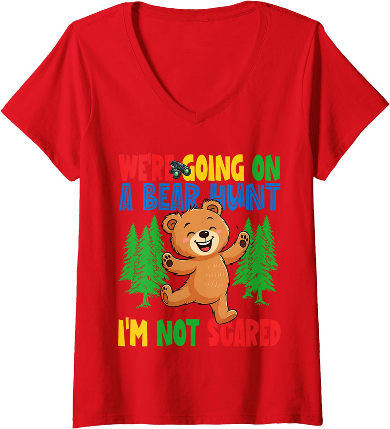 Cute Cartoon Bear Matching Family Outing for Kids Womens We're Going on a Bear Hunt I'm Not Scared Playful Kids Cute V-Neck T-Shirt - Red