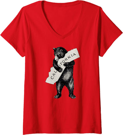 Womens Retro I Love California Shirt Art-Vintage Cali Pride Bear V-Neck T-Shirt