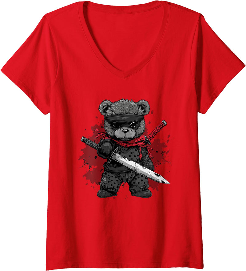 dark teddy bear love Womens Ninja Teddy Bear V-Neck T-Shirt - Red