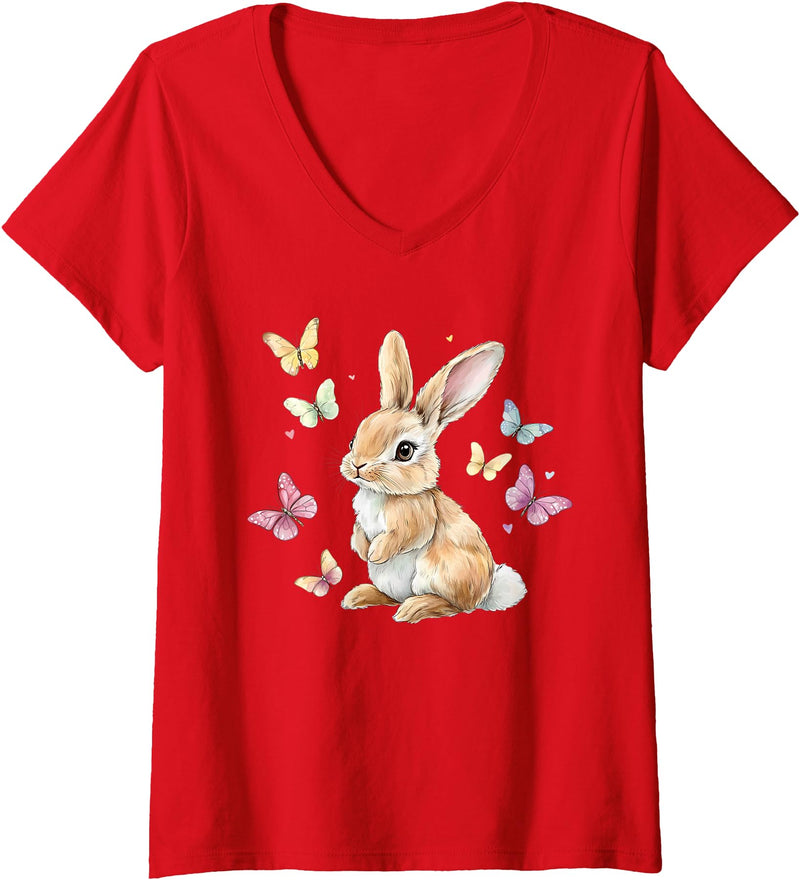 Womens Cute Easter Bunny Rabbit Butterfly V-Neck T-Shirt in Red