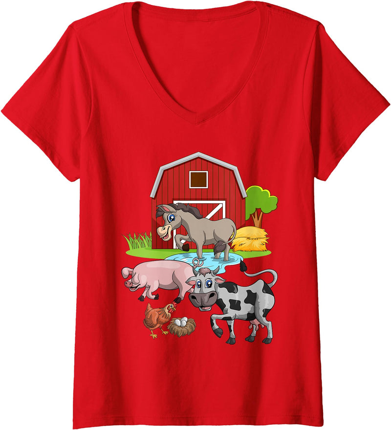 Farmer Funny Farm Animal Lover Gift Womens Donkey Pig Chicken Cow Agriculture Farm Animal V-Neck T-Shirt - Red
