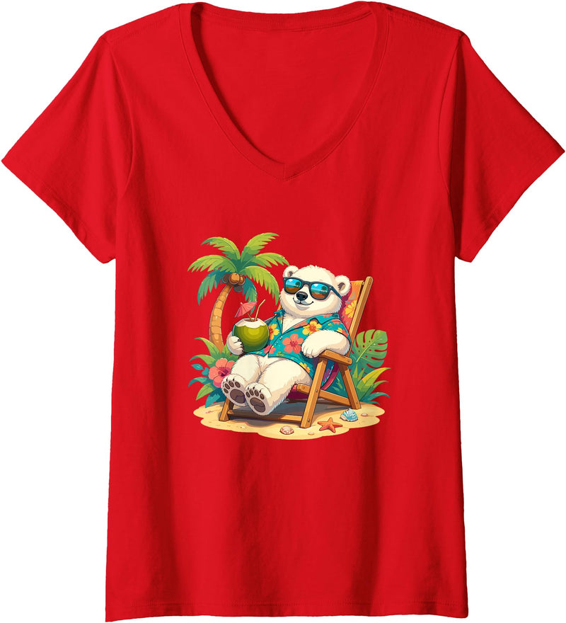 Tropical Polar Bear Summer Beach Vibes Women's Relaxed Polar Bear Hawaiian Shirt Summer Beach V-Neck T-Shirt - Red
