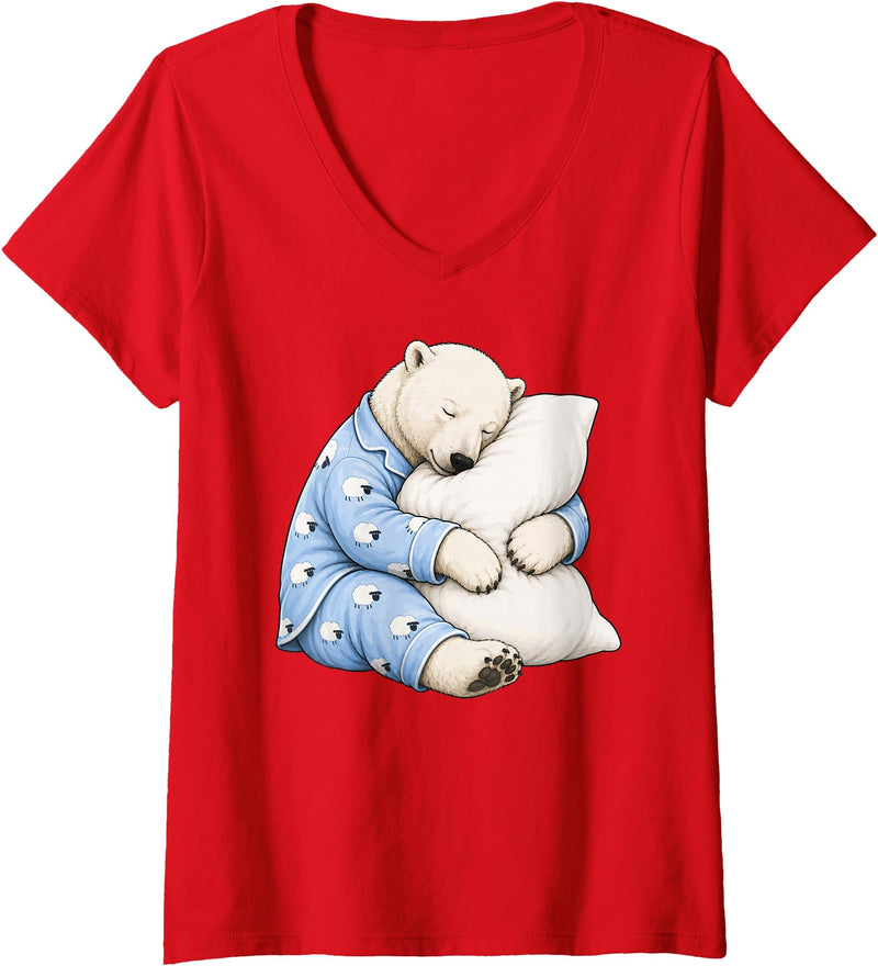 Funny Sleepy Polar Bear Pajama Women's Polar Bear Sleeping in Cute Pajamas Sleep V-Neck T-Shirt - Red
