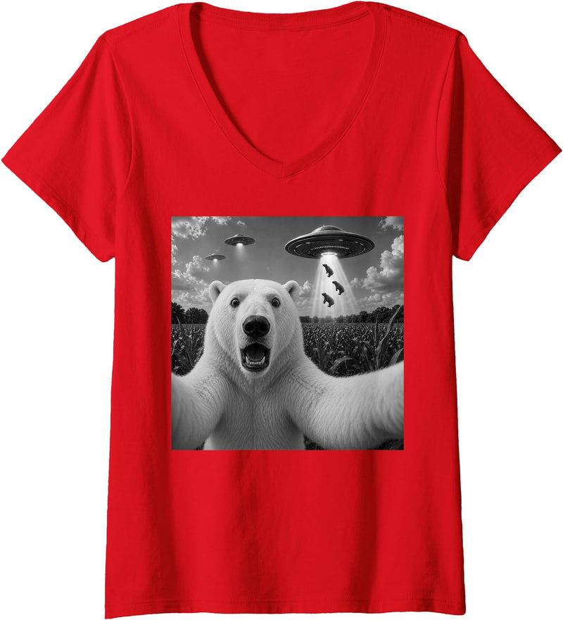 Retro Polar Bear Selfie with UFOs Meme Women's Polar Bear Selfie with UFO Alien Funny V-Neck T-Shirt - Red