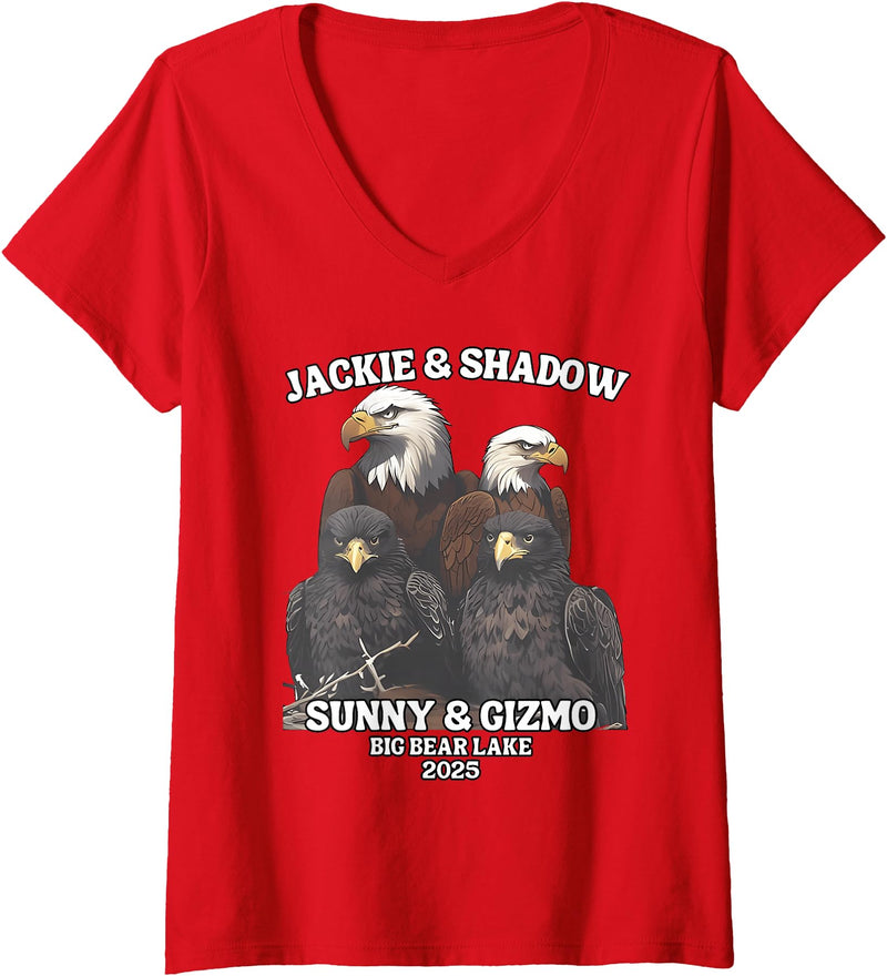 Jackie and Shadow Bald Eagle Family Tee Womens Jackie And Shadow Sunny And Gizmo Big Bear Lake 2025 V-Neck T-Shirt - Red