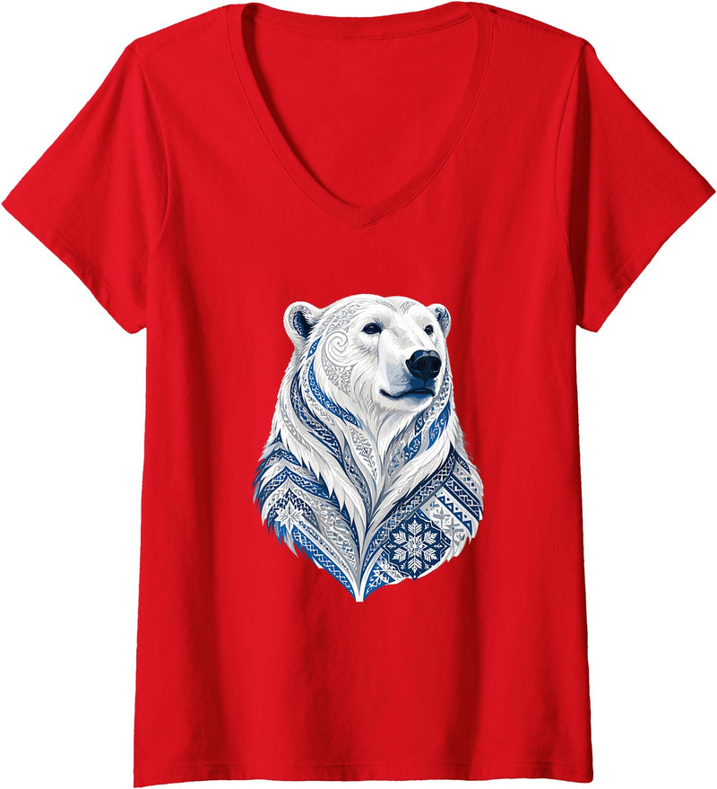 Arctic Polar Bear Nordic Snowflake Spirit Women's Winter Nordic Polar Bear Snowflake Pattern V-Neck T-Shirt - Red