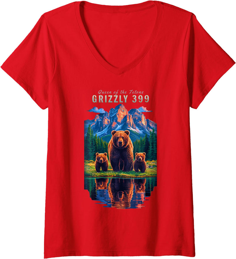 Wildlife Preserve Grand Teton Grizzly Bear Gifts Womens Grizzly 399 Bear Lovers Queen Of The Tetons National Park V-Neck T-Shirt - Red