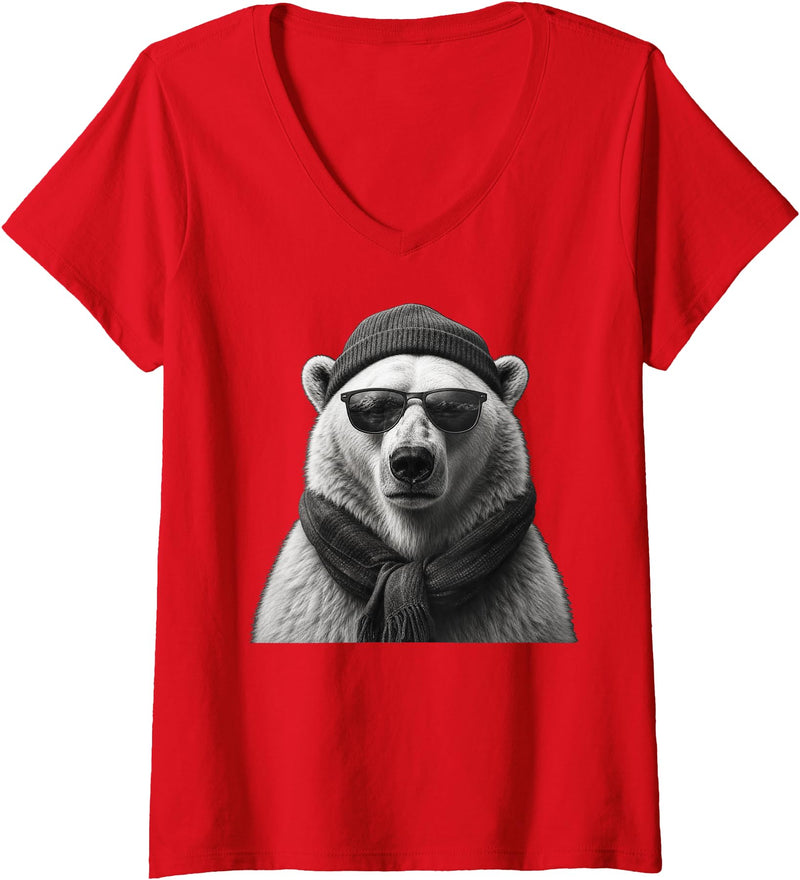 Polar Bear Enthusiast Women's Polar Bear in Sunglasses Monochrome Illustration V-Neck T-Shirt - Red
