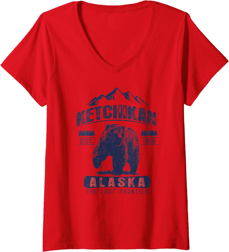 Ketchikan Alaska Souvenir Gift Shirts Womens Vintage Bear Ketchikan Alaska Shirt - Ketchikan AK V-Neck T-Shirt - Red