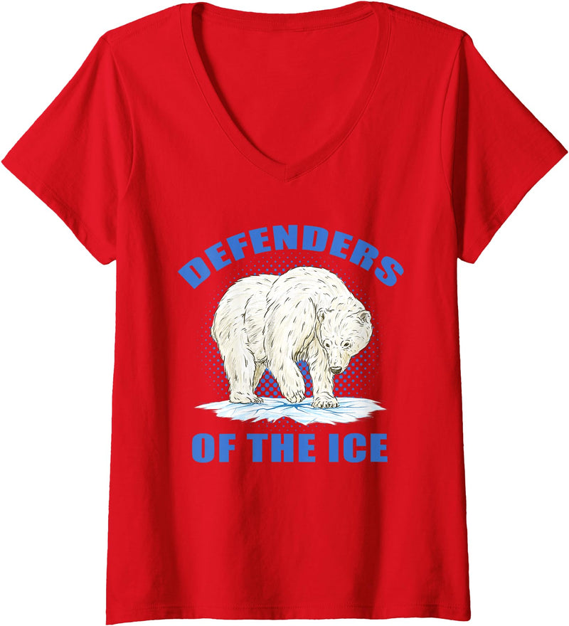 Polar Bear Apparel Women's Defenders of The Ice Polar Bear Lover V-Neck T-Shirt - Red