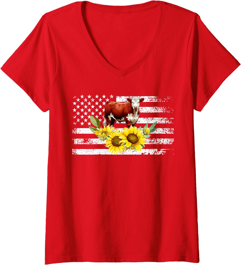 Proud Hereford Cow Boy Hereford Cow Girl Womens Hereford Cow US Flag Hereford Cow Lover Hereford Cattle V-Neck T-Shirt - Red