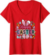 Women's Happy Easter Bunny Egg V-Neck T-Shirt in Red
