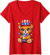 Kawaii Red White and Blue Fourth July Little Kids Women's Cute Teddy Bear Patriotic 4th July Gift Bubble Boba Tea USA V-Neck T-Shirt - Red