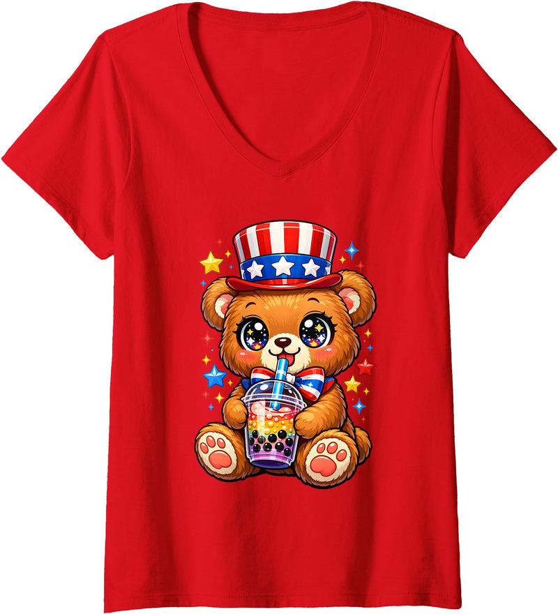 Kawaii Red White and Blue Fourth July Little Kids Women's Cute Teddy Bear Patriotic 4th July Gift Bubble Boba Tea USA V-Neck T-Shirt - Red