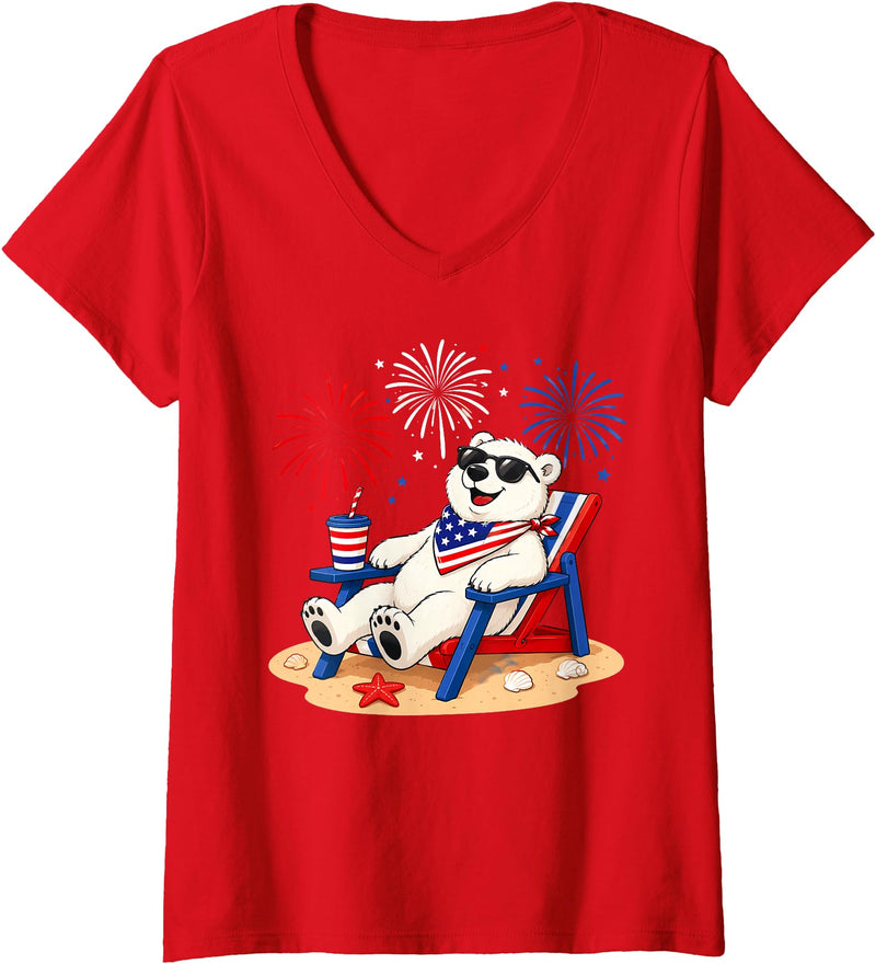 Polar Bear Patriotic Happy Beach Paws Co Women's 4th of July Polar Bear Happy Beach Patriotic Animal Lovers V-Neck T-Shirt - Red