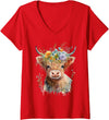 From Dyzamora Womens Super Cute Watercolor Baby Highland Cow - Adorable V-Neck T-Shirt - Red