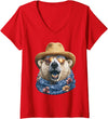 Whimsical Coastal Animals Beachgoers Women's Cute Polar Bear with Sunglasses and Straw Hat Animal Summer V-Neck T-Shirt - Red