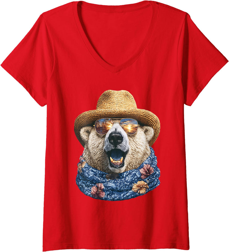 Whimsical Coastal Animals Beachgoers Women's Cute Polar Bear with Sunglasses and Straw Hat Animal Summer V-Neck T-Shirt - Red