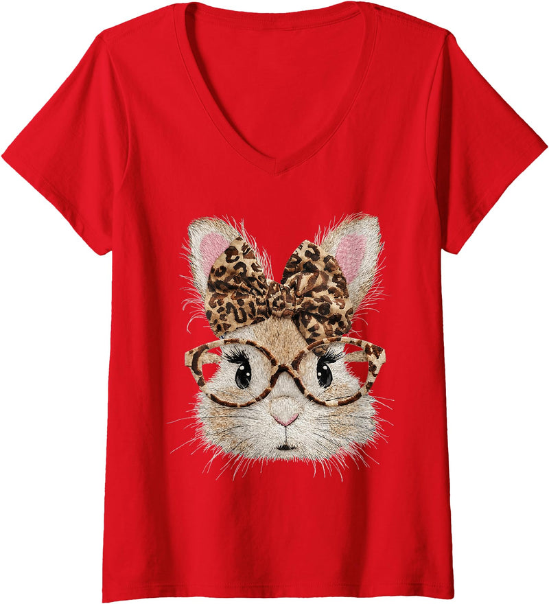 Women's Cute Bunny Rabbit Face Leopard Coquette Bow V-Neck T-Shirt in Red