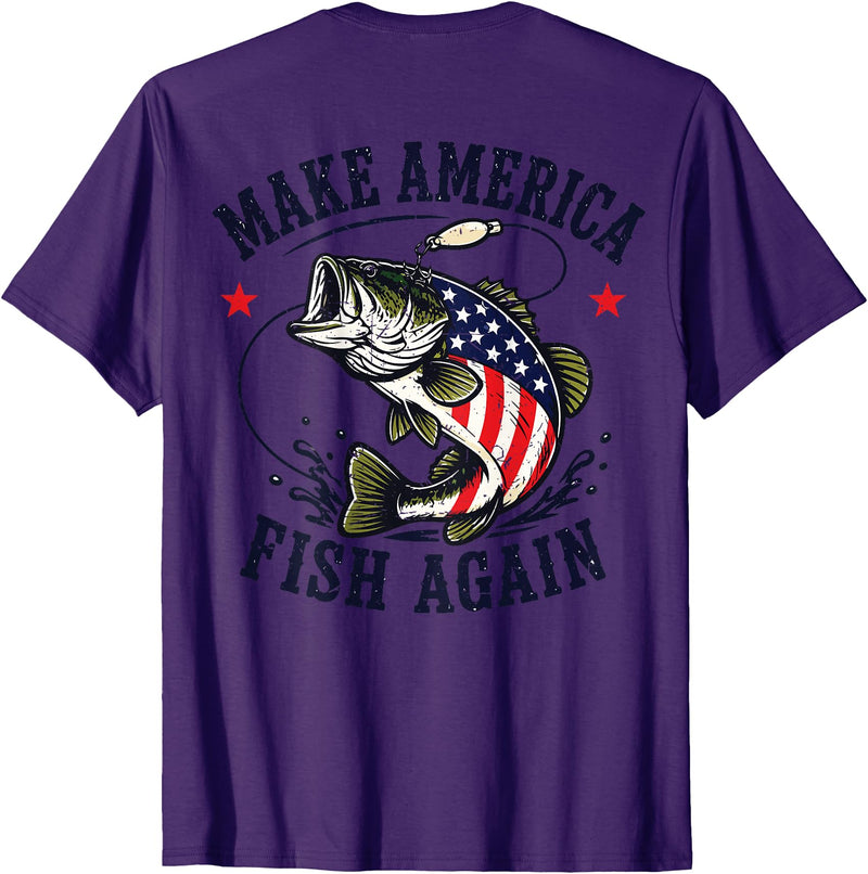 Make America Fish Again Largemouth Bass Patriotic Men Make America Fish Again 4th July Fish Patriotic USA Flag T-Shirt - Purple