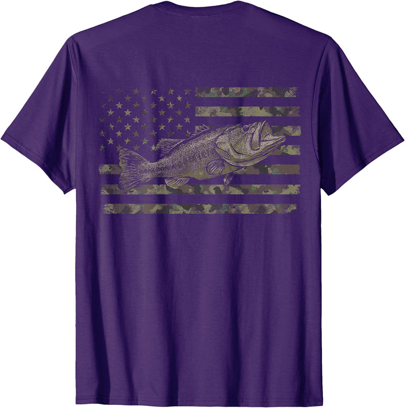 Great American Outdoors Camo Designs Fishing American Flag Camo Bass Fish (Design on Back) T-Shirt - Purple