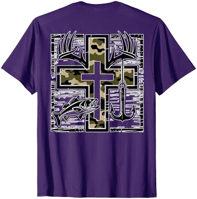 Camo Cross Fishing Faith Christian 2 Sided Hunting Fishing Cross Camo Faith Christian Fisherman Hunter T-Shirt - size chart