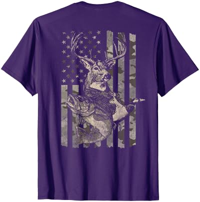Fishing and Hunting Outdoors Designs Hunting and Fishing American Flag (Design on Front and Back) T-Shirt - size chart