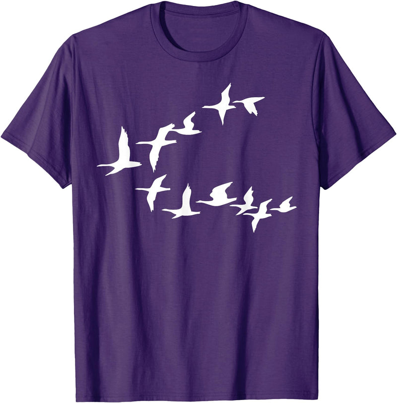 Marron Bear Birds In Flight, V Pattern Flock Of Geese T-Shirt - Purple