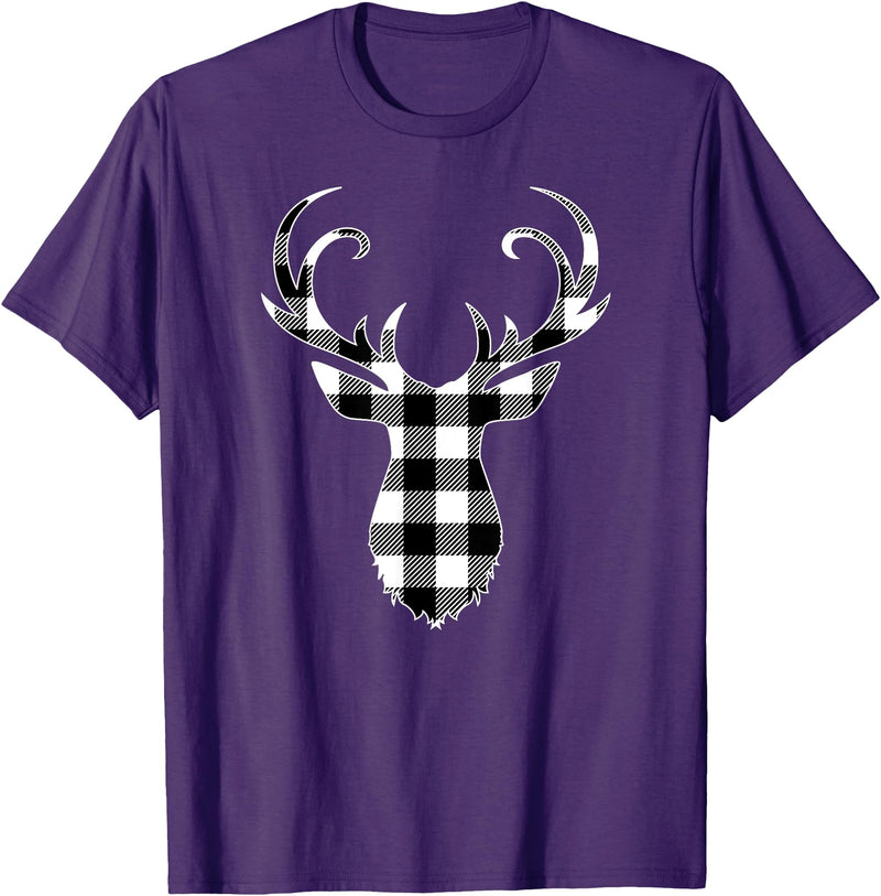 Buffalo Plaid Deer Clothing Co. by AAM Black & White Classic Christmas Buffalo Plaid Deer Head T-Shirt - Purple