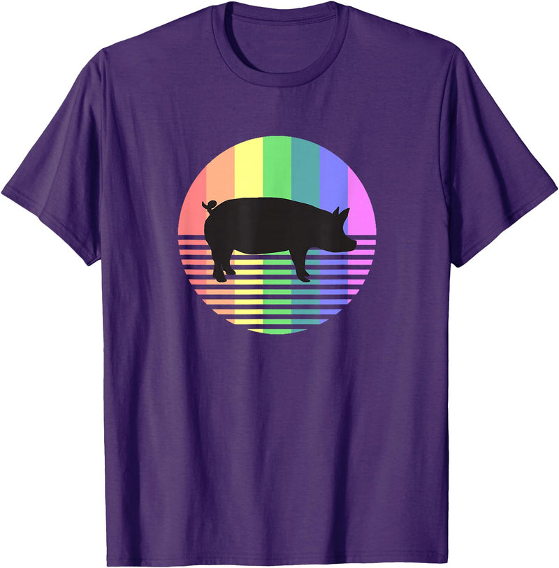 Animal Pride Retro Pig Gay Pride Vintage 80s Rainbow Pig Farm Animal Gift T-Shirt - Purple