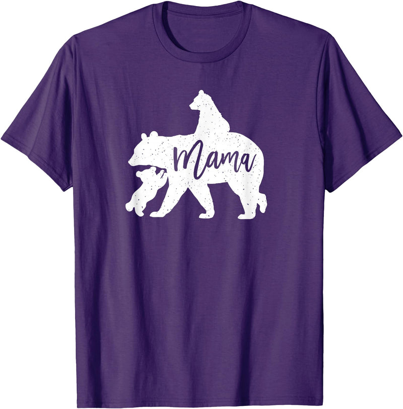 Artsy Mommy Bear Silhouette Nature Family Gifts Mama Bear 2 Baby Bear Cubs Playing Riding on Back T-Shirt - Purple