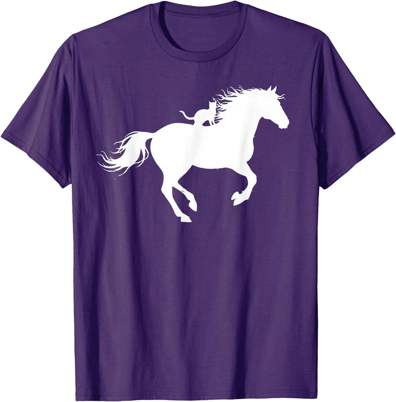 Horse and Cat Riding Running Horse with Cat Silhouette Graphic Horse Cat Lovers T-Shirt - Purple