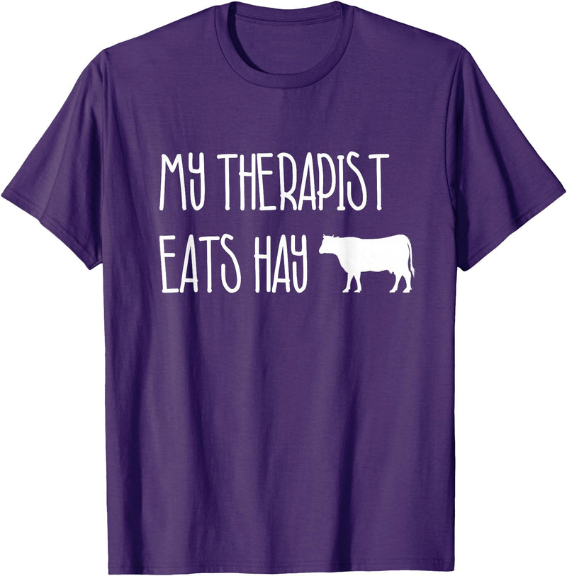 Shirtbooth: Animal Lovers Funny Cow Lover Gift: My Therapist Eats Hay Love Cows T-Shirt - Purple