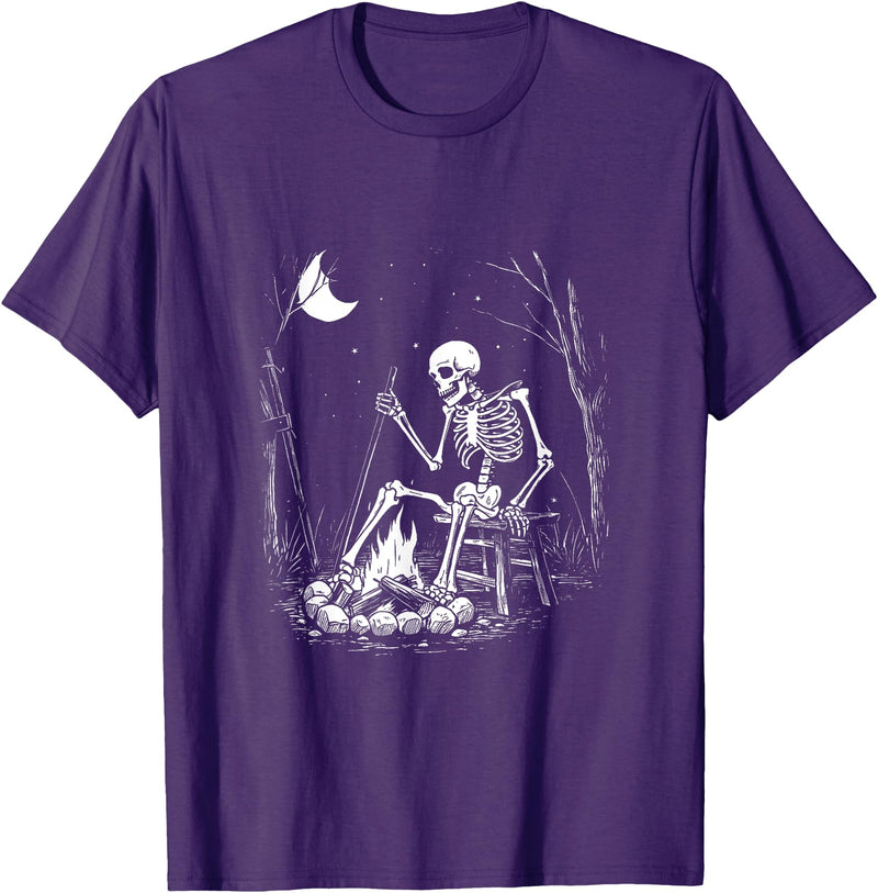 RetroPop Vintage Gear Camping Skeleton Bones Halloween Forest Campfire Graphic T-Shirt - Purple