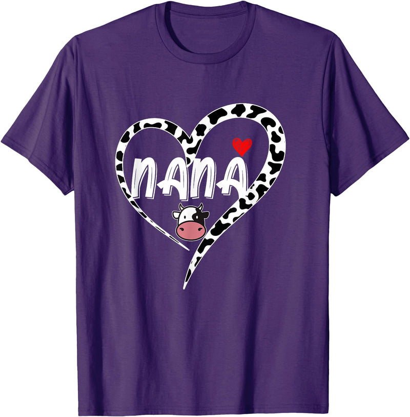 Black White Family Cow Farm Nana Cow Print Cow Heart Pattern Farmer Cows Mother's Day T-Shirt - Purple