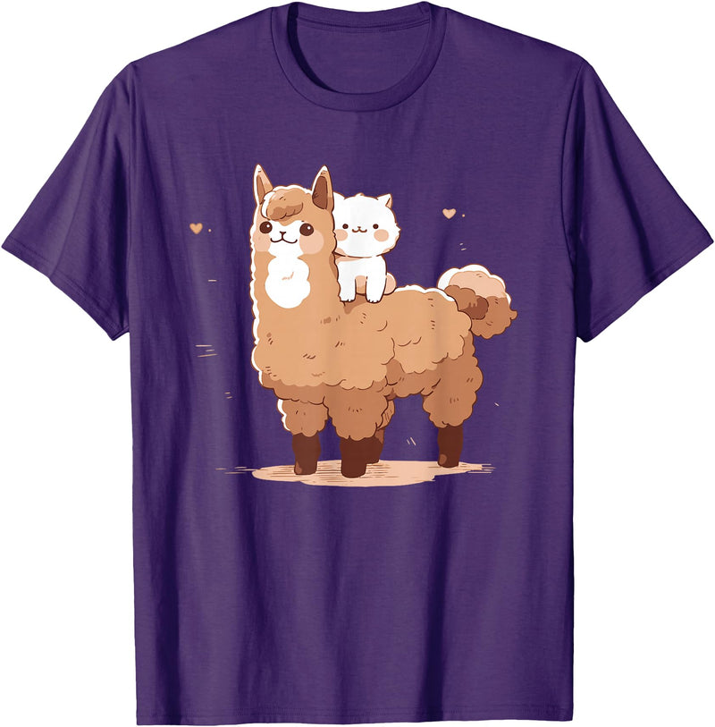 Kawaii Valentine Llama And Cat Design Cute Llama And Cat T-Shirt - Purple