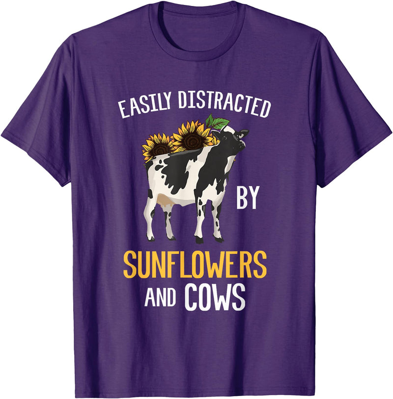 Funny Gift Idea for Sunflower and Cow Lovers Easily Distracted By Sunflowers and Cows T-Shirt - Purple