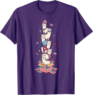 Llama Lovers USA Patriotic Outfits for Women Men Funny Llama American USA Flag Memorial Day 4th of July T-Shirt - Purple