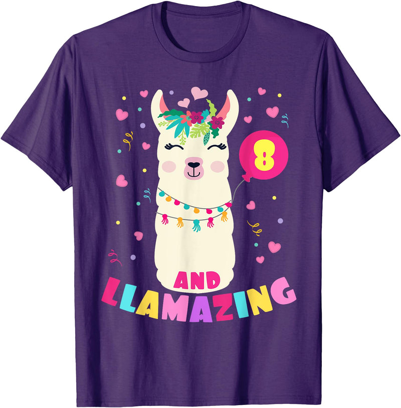 Llamazing Birthday Party Outfit Llama Lovers Llamazing 8 Years Old Girl Birthday Cute Llama Alpaca Kids T-Shirt - Purple