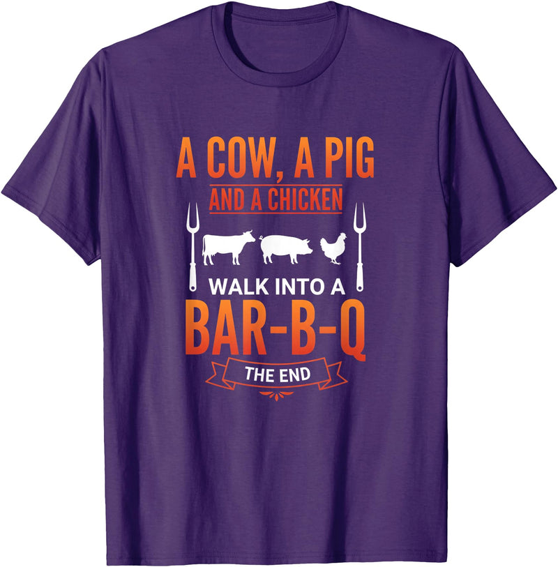 Bbq Humor Barbecue Grilling Pig Cow Chicken Funny A Cow A Pig and A Chicken Walk Into A Bar B Q Funny BBQ Gril T-Shirt - Purple