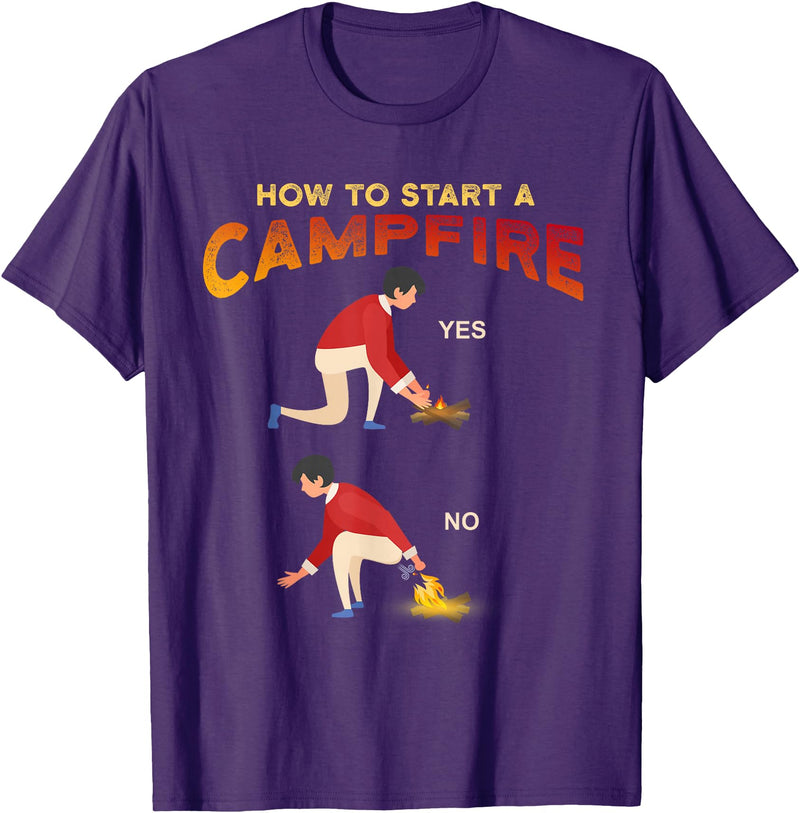Outdoors Backpacking Camper Hunters Hiker Shirts Funny Camping Hunting Hiking - How to Start Campfire Meme T-Shirt - Purple