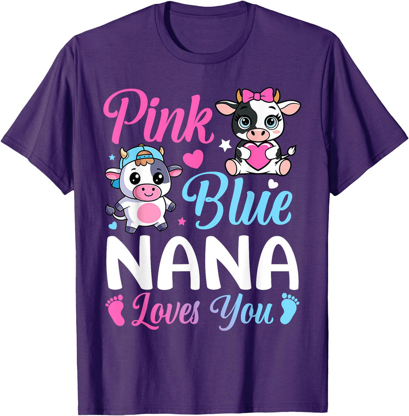 Cow Baby Shower Announcement Family Matching Tees Pink Or Blue Nana Loves You Cow Gender Reveal Family T-Shirt - Purple
