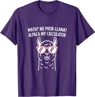 Pun Llama Animal Math Teacher Math No Prob llama Alpaca My Calculator Funny Pun Teacher T-Shirt - Purple