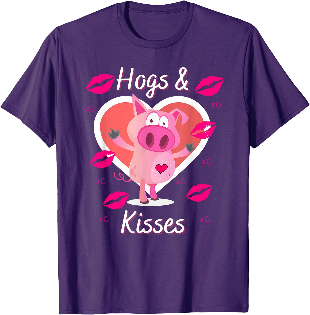 Love Heart Hogs & Kisses Funny Pig Pun on Hugs & Kisses T-Shirt - Purple
