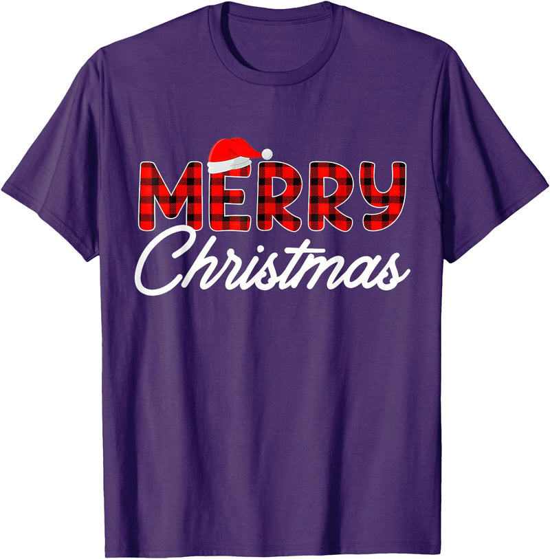 Merry Christmas Buffalo t -shir t Merry Christmas Buffalo Plaid Red Santa Hat Xmas Pajamas T-Shirt - Purple