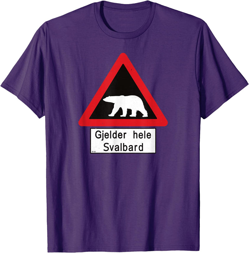 Svalbard T-Shirt Co. Svalbard Polar Bear Sign | Gjelder hele Svalbard | Norway T-Shirt - Purple