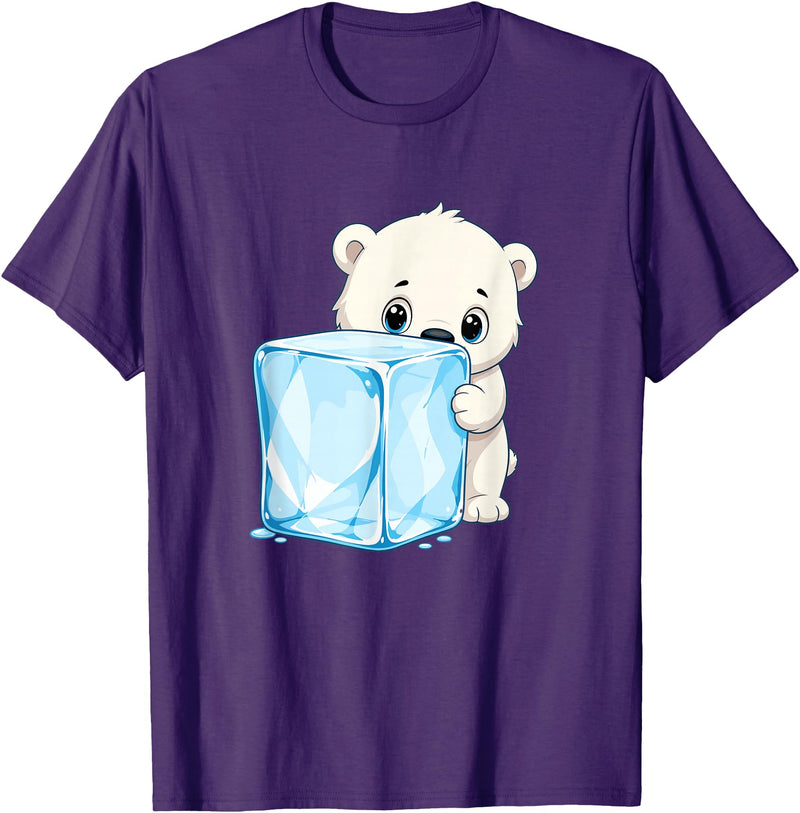 Cute Polar Bear Ice Cube Arctic Kawaii Adorable Baby Polar Bear Hugging Big Ice Cube T-Shirt - Purple